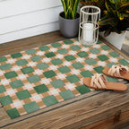 Retro plaid checks geometry Green Ocre Outdoor Rug Gallery Image 2