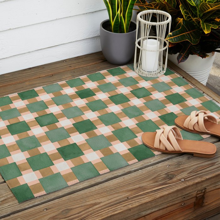 Retro plaid checks geometry Green Ocre Outdoor Rug Gallery Image 2
