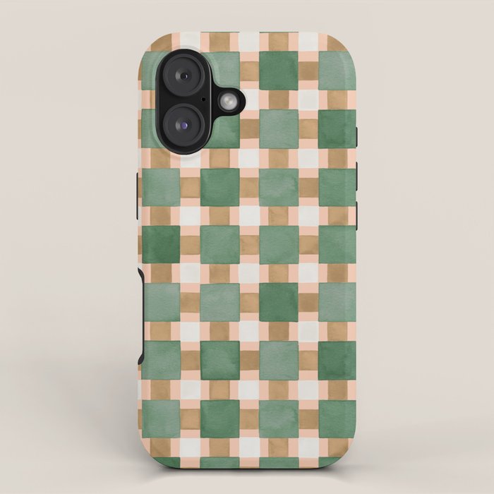 Retro plaid checks geometry Green Ocre iPhone Case Gallery Image 1