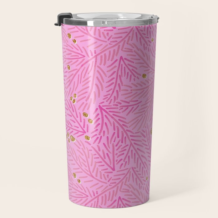 Winter Berries & Pine Branches in Pink & Gold Travel Mug Gallery Image 3