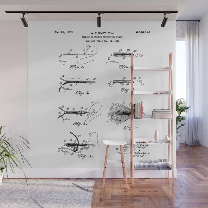 Fly Fishing Patent - Fisherman Art - Black And White Wall Mural Gallery Image 1