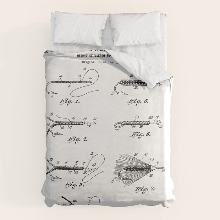 Fly Fishing Patent - Fisherman Art - Black And White Duvet Cover Gallery Image 1