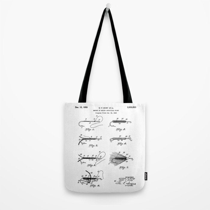 Fly Fishing Patent - Fisherman Art - Black And White Tote Bag Gallery Image 2