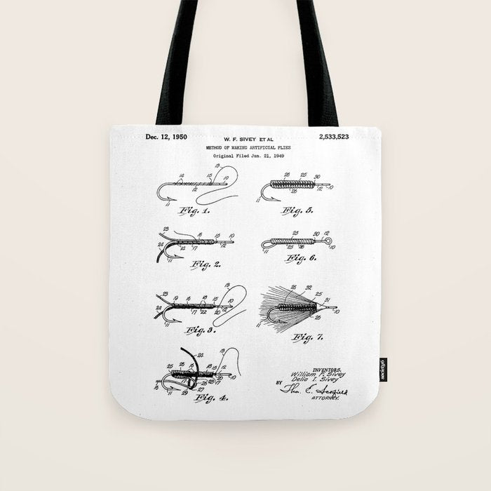 Fly Fishing Patent - Fisherman Art - Black And White Tote Bag Gallery Image 1