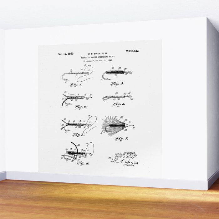 Fly Fishing Patent - Fisherman Art - Black And White Wall Mural Gallery Image 2