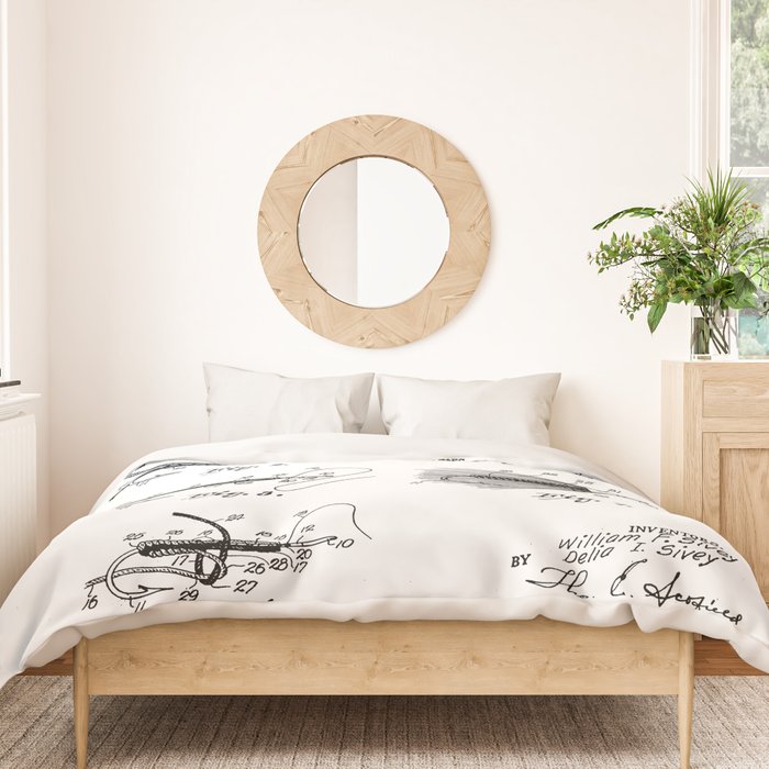 Fly Fishing Patent - Fisherman Art - Black And White Duvet Cover Gallery Image 3