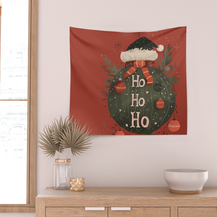 Festive Ho Ho Ho Bauble Red  Wall Tapestry Gallery Image 2