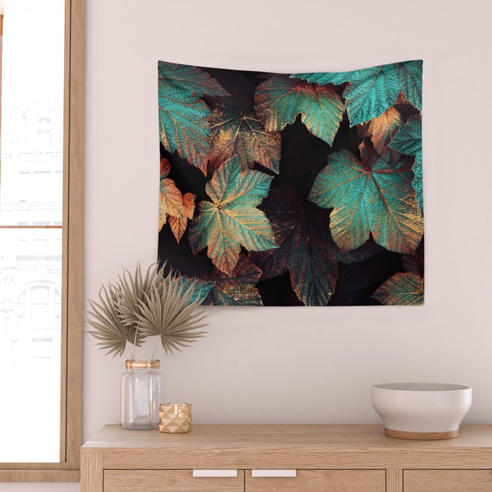Copper And Teal Leaves Wall Tapestry Gallery Image 2
