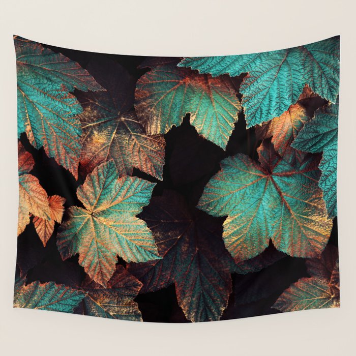Copper And Teal Leaves Wall Tapestry Gallery Image 1