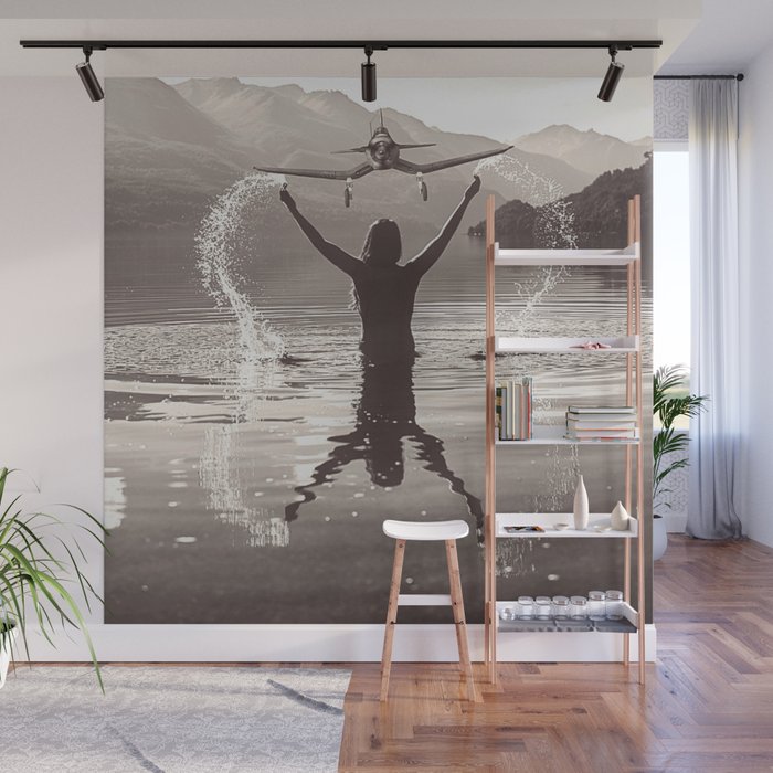 Water wings plane landing on mountain lake female portrait black and white photograph - photography - photographs Wall Mural Gallery Image 1