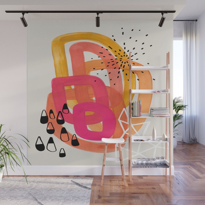Mid Century Modern Abstract Colorful Art Ombre Magenta Yellow Circles Raindrops Geometric Pattern Wall Mural Gallery Image 1