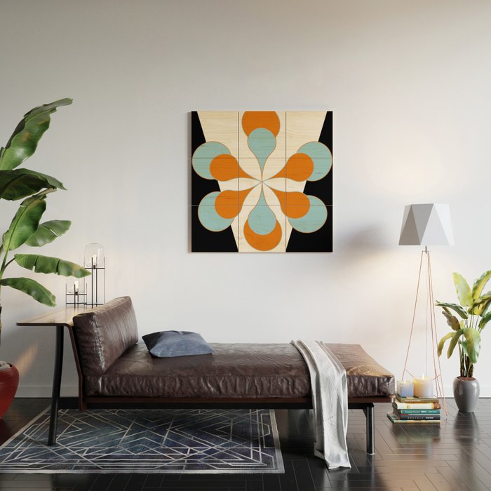 Mid-Century Modern Art 1.4 Aqua Orange Flower Wood Wall Art Gallery Image 2