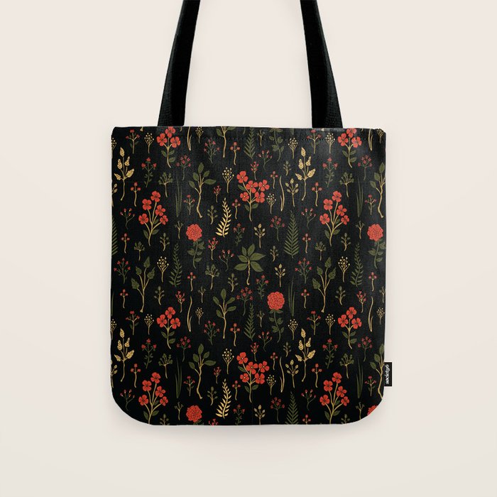 Green, Red-Orange, and Black Floral/Botanical Print Tote Bag Gallery Image 1