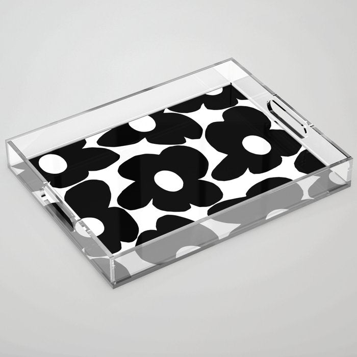 Black Retro Flowers White Background #decor #society6 #buyart Acrylic Tray Gallery Image 1