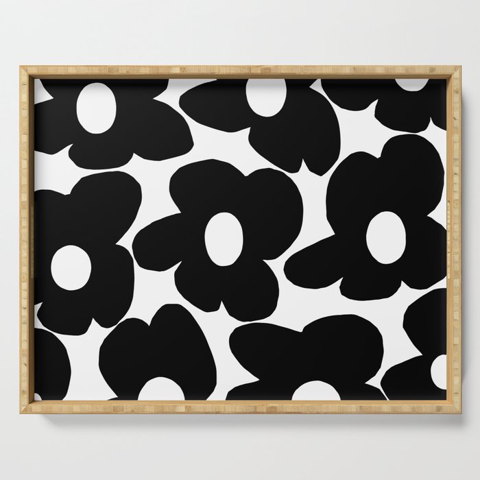 Black Retro Flowers White Background #decor #society6 #buyart Serving Tray Gallery Image 1