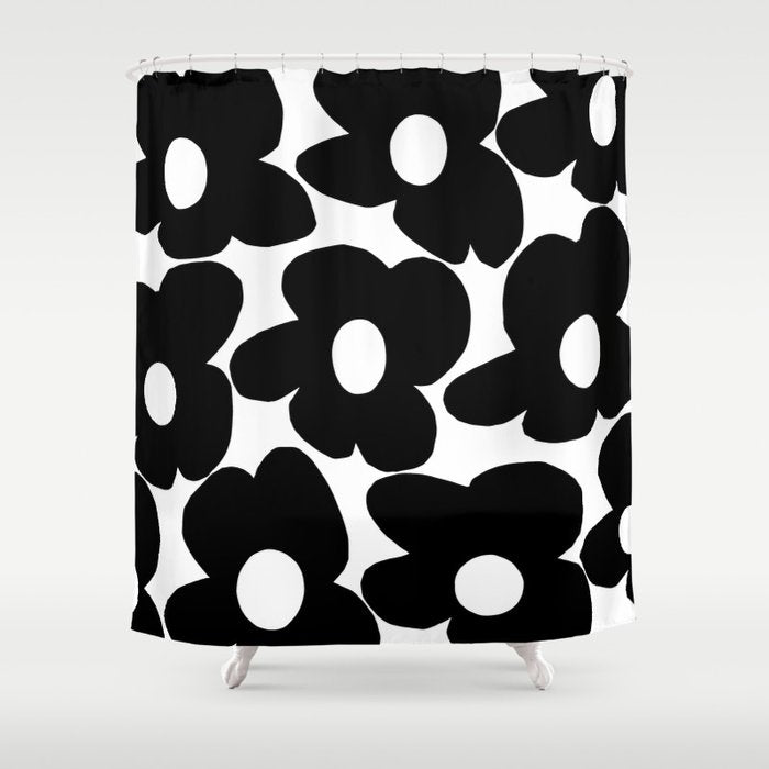 Black Retro Flowers White Background #decor #society6 #buyart Shower Curtain Gallery Image 1