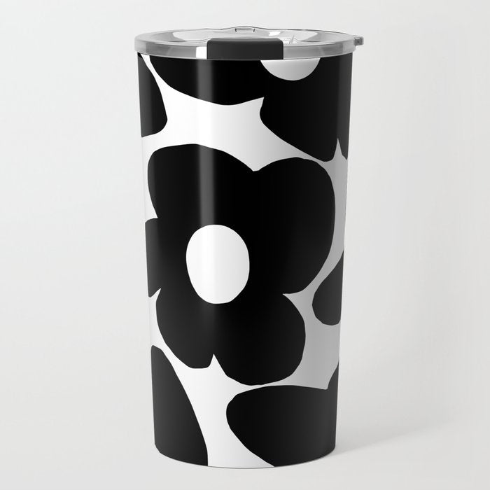 Black Retro Flowers White Background #decor #society6 #buyart Travel Mug Gallery Image 1