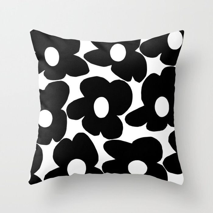 Black Retro Flowers White Background #decor #society6 #buyart Throw Pillow Gallery Image 1