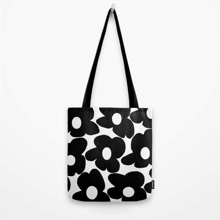 Black Retro Flowers White Background #decor #society6 #buyart Tote Bag Gallery Image 2
