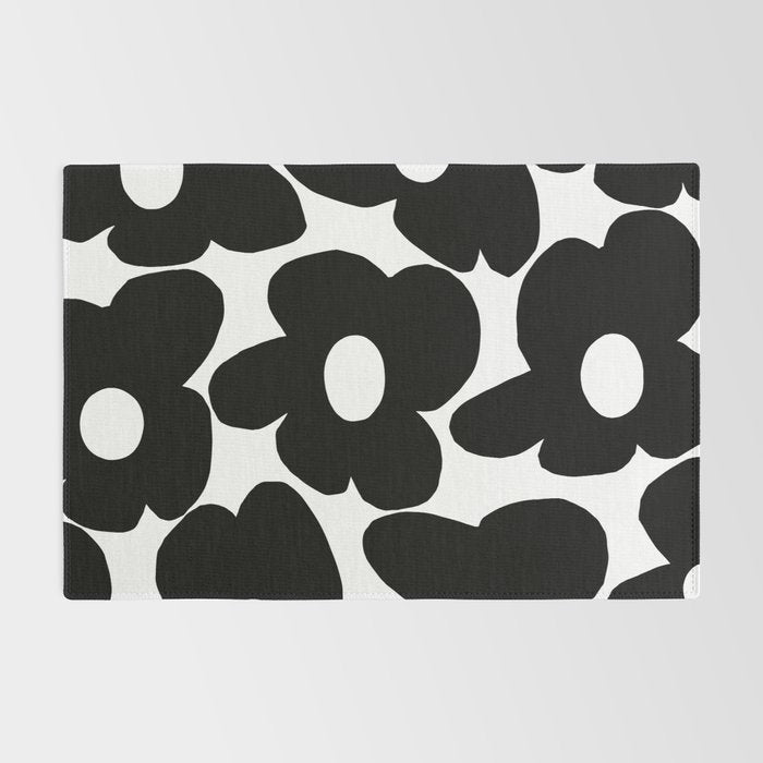 Black Retro Flowers White Background #decor #society6 #buyart Rug Gallery Image 2