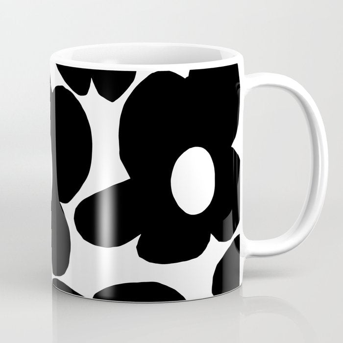 Black Retro Flowers White Background #decor #society6 #buyart Coffee Mug Gallery Image 1