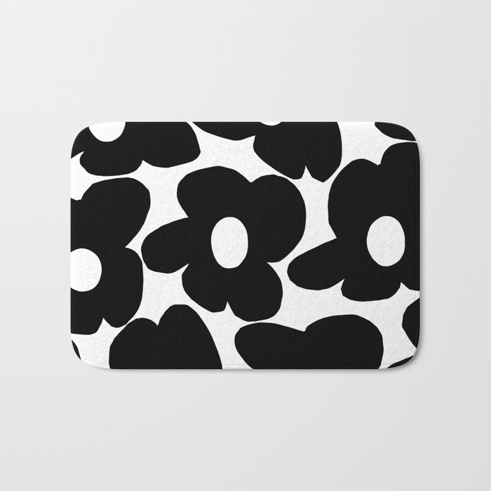 Black Retro Flowers White Background #decor #society6 #buyart Bath Mat Gallery Image 1