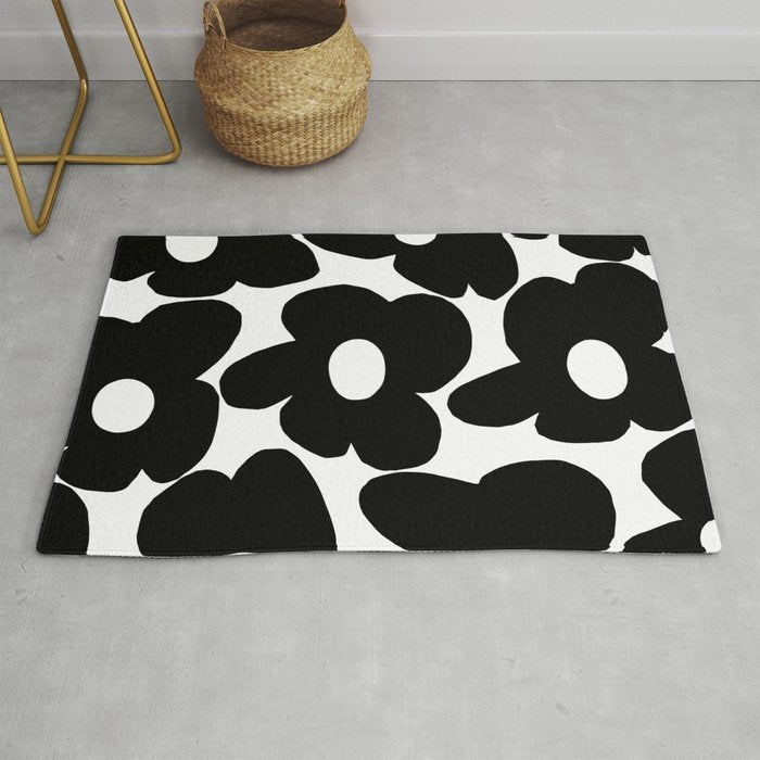 Black Retro Flowers White Background #decor #society6 #buyart Rug Gallery Image 1
