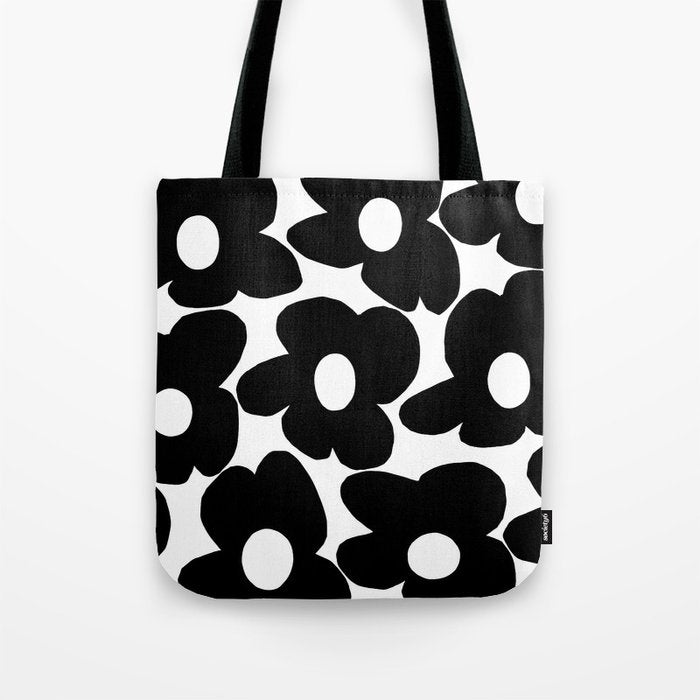 Black Retro Flowers White Background #decor #society6 #buyart Tote Bag Gallery Image 1