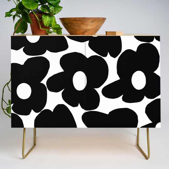 Black Retro Flowers White Background #decor #society6 #buyart Credenza Gallery Image 1
