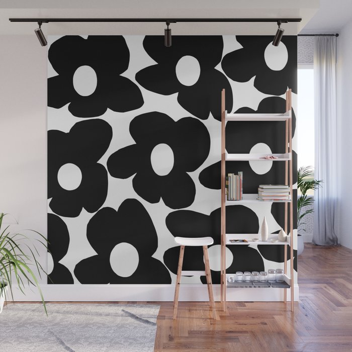 Black Retro Flowers White Background #decor #society6 #buyart Wall Mural Gallery Image 1