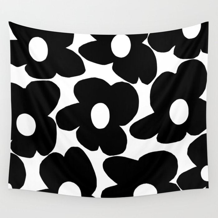 Black Retro Flowers White Background #decor #society6 #buyart Wall Tapestry Gallery Image 1