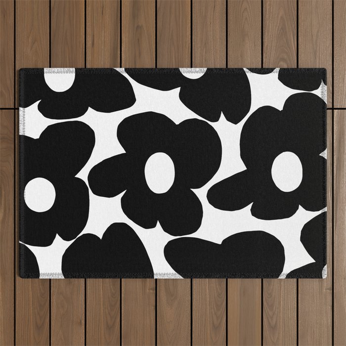 Black Retro Flowers White Background #decor #society6 #buyart Outdoor Rug Gallery Image 1