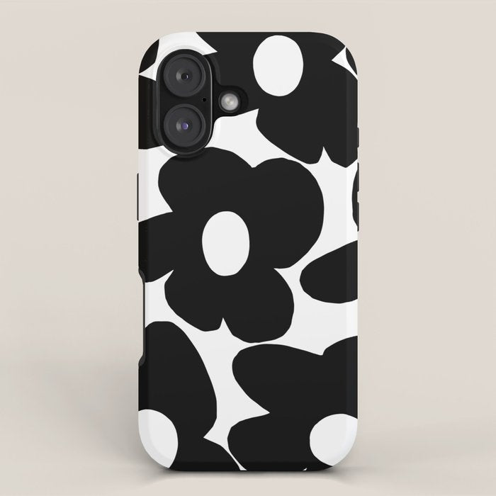 Black Retro Flowers White Background #decor #society6 #buyart iPhone Case Gallery Image 1