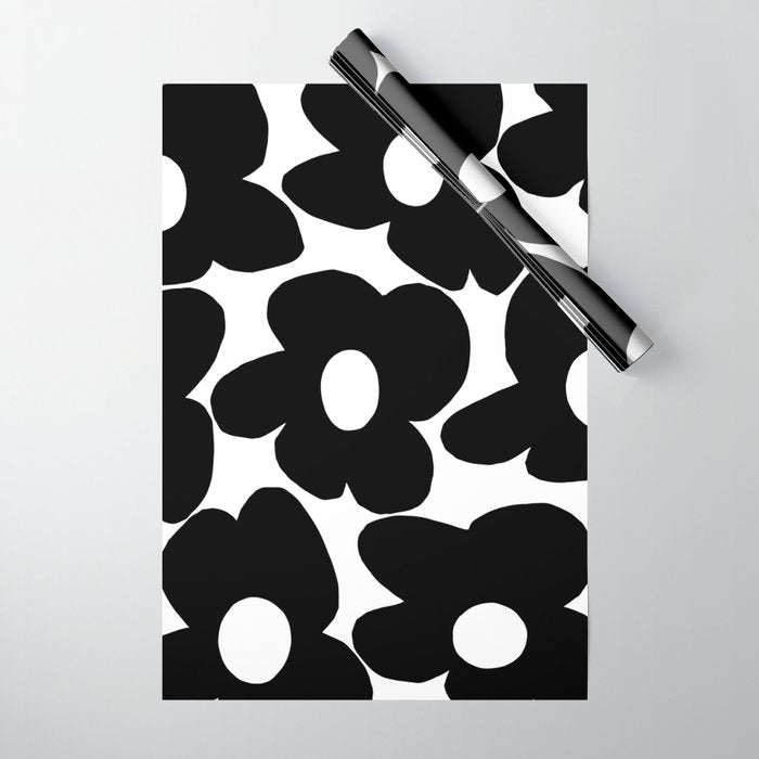 Black Retro Flowers White Background #decor #society6 #buyart Wrapping Paper Gallery Image 1
