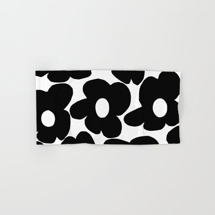 Black Retro Flowers White Background #decor #society6 #buyart Hand & Bath Towel Gallery Image 1