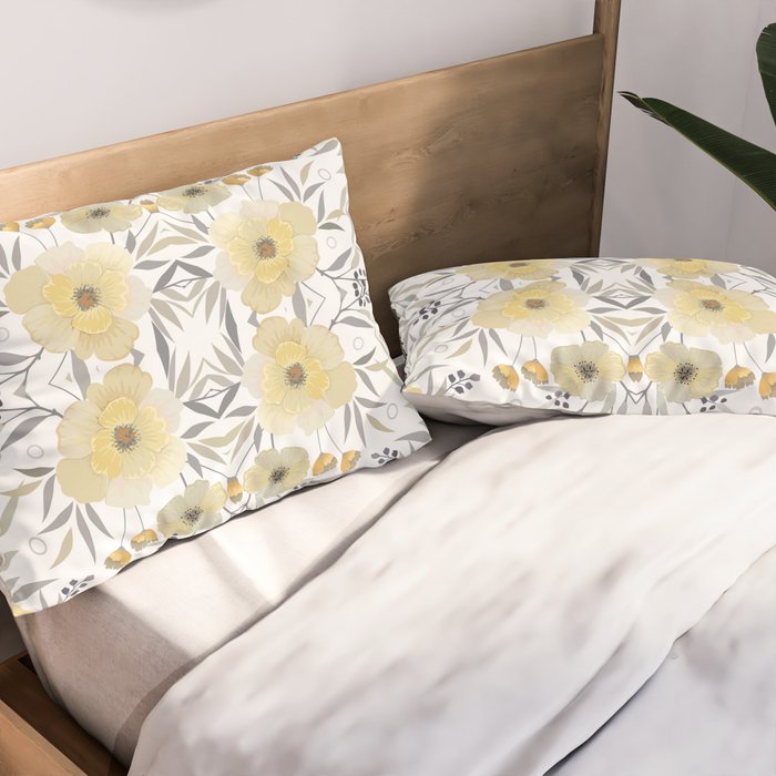 Modern, Floral Prints, Yellow, Gray and White Pillow Sham Gallery Image 2