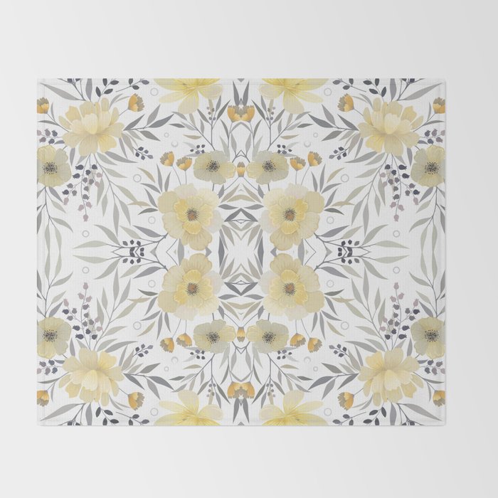 Modern, Floral Prints, Yellow, Gray and White Throw Blanket Gallery Image 2