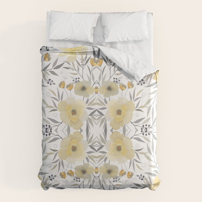 Modern, Floral Prints, Yellow, Gray and White Duvet Cover Gallery Image 6