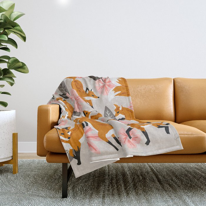 Foxes & Booms - Pink & Grey Throw Blanket Gallery Image 1