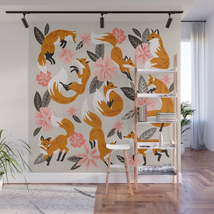 Foxes & Booms - Pink & Grey Wall Mural Gallery Image 1