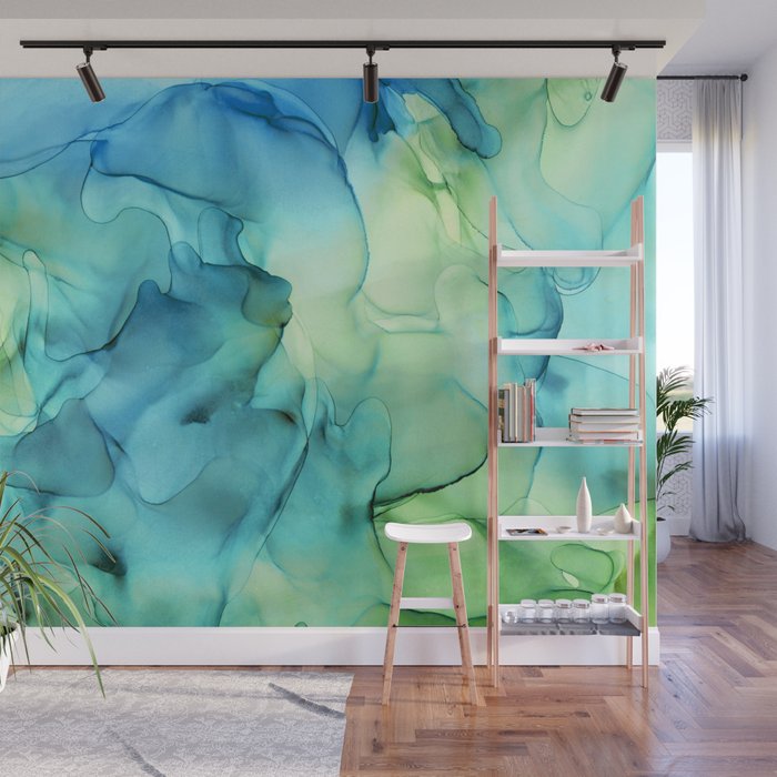 Blue Green Spring Marble Abstract Ink Painting Wall Mural Gallery Image 1