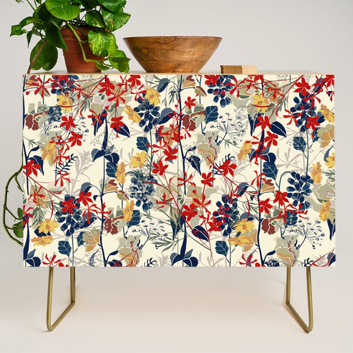 Wildflowers, Floral Prints, Red, Navy, Yellow Credenza Gallery Image 1