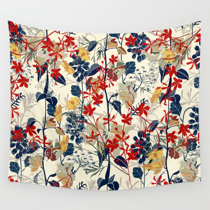 Wildflowers, Floral Prints, Red, Navy, Yellow Wall Tapestry Gallery Image 1