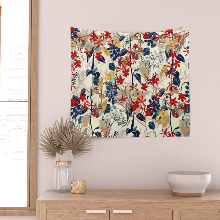 Wildflowers, Floral Prints, Red, Navy, Yellow Wall Tapestry Gallery Image 2