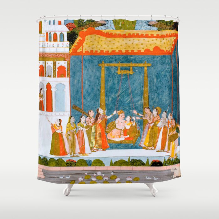 Hindola Raga (Spring Swinging) Indian Painted Illustration Shower Curtain Gallery Image 1