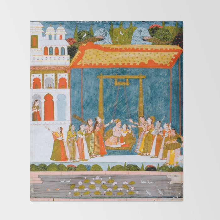 Hindola Raga (Spring Swinging) Indian Painted Illustration Throw Blanket Gallery Image 2