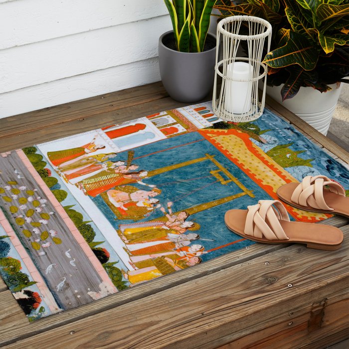 Hindola Raga (Spring Swinging) Indian Painted Illustration Outdoor Rug Gallery Image 2