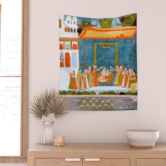 Hindola Raga (Spring Swinging) Indian Painted Illustration Wall Tapestry Gallery Image 2