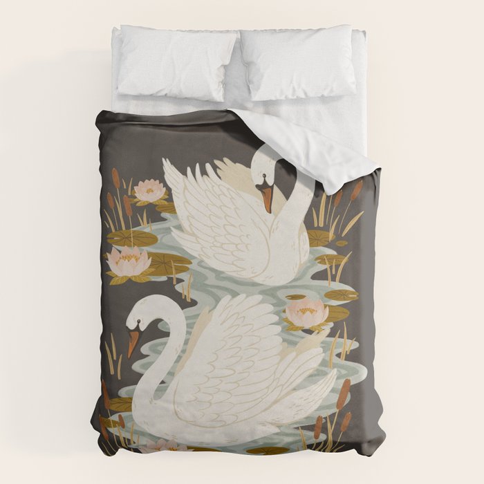 Swan Dance - Charcoal Black Background Duvet Cover Gallery Image 1