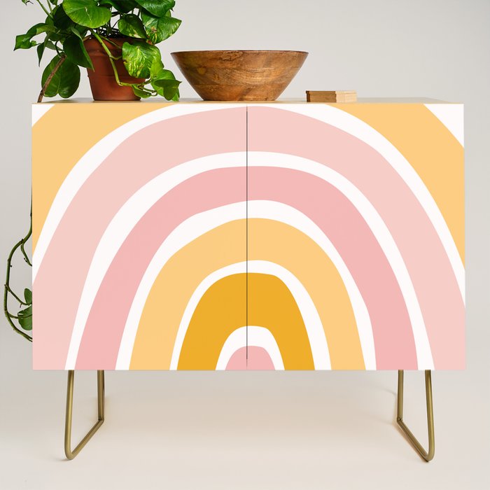 Abstract Shapes 94 in Mustard Yellow and Pale Pink (Rainbow Abstraction) Credenza Gallery Image 1